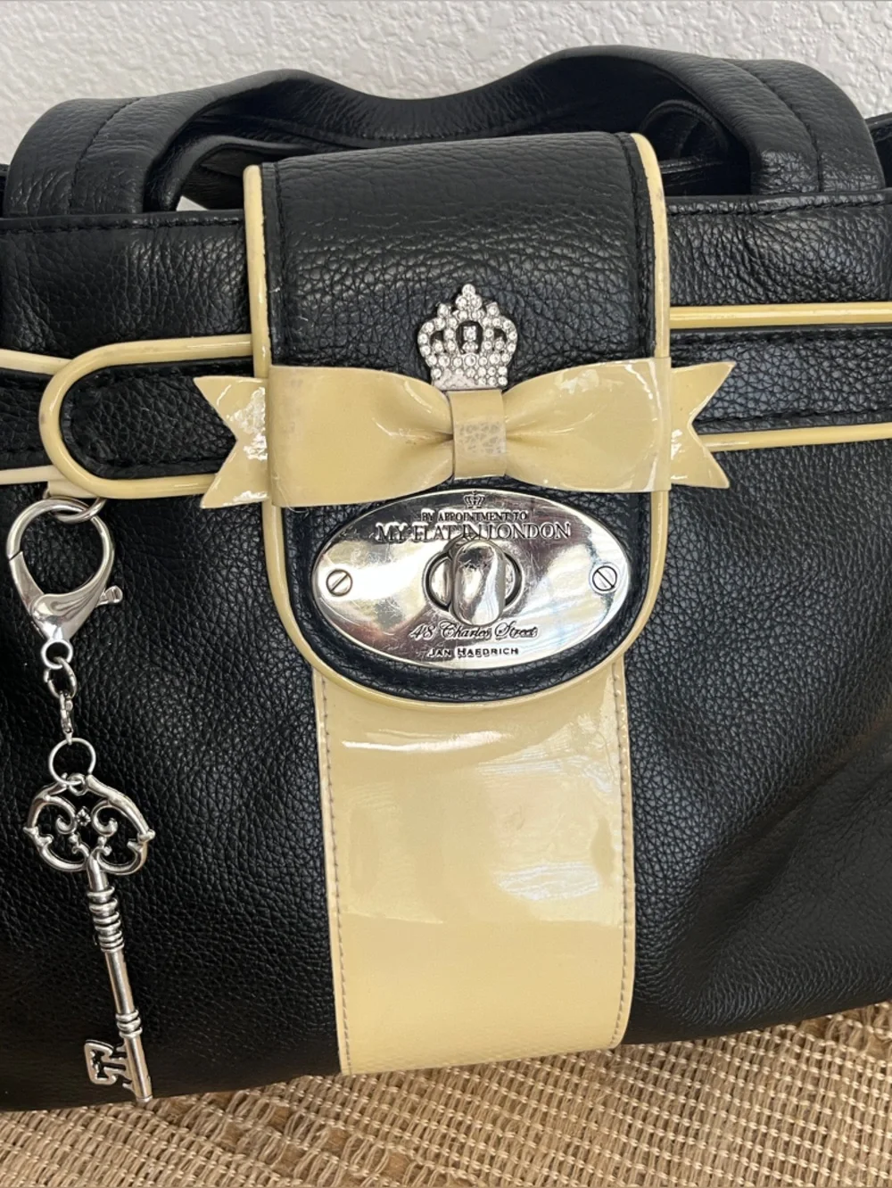 MY FLAT IN LONDON DEBUTANTE Black & Cream Soft Leather Bowtie Satchel